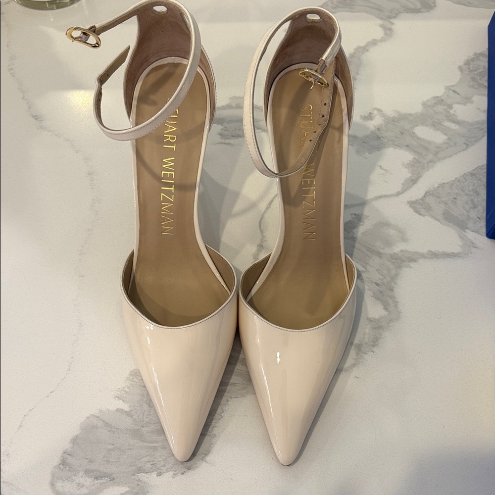 Stuart Weitzman Blush Patent Leather Pointed-Toe Ankle-Strap Pumps